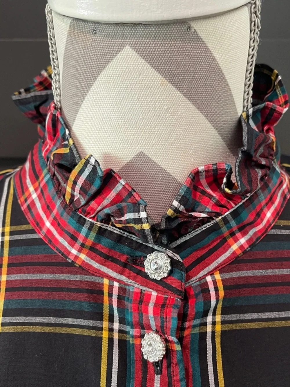 J.Crew Ruffle Plaid Feminine Blouse With Rhinestone Buttons Size L
